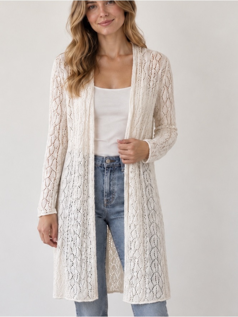 Lauren Ralph Lauren Ivory Crochet Open Knit Long Cardigan Duster Size L Cotton